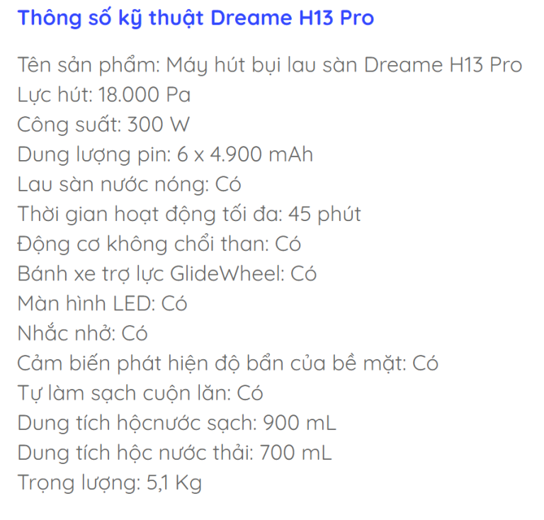 vietnam robotics may hut bui lau nha dreame H13 pro thong so kt