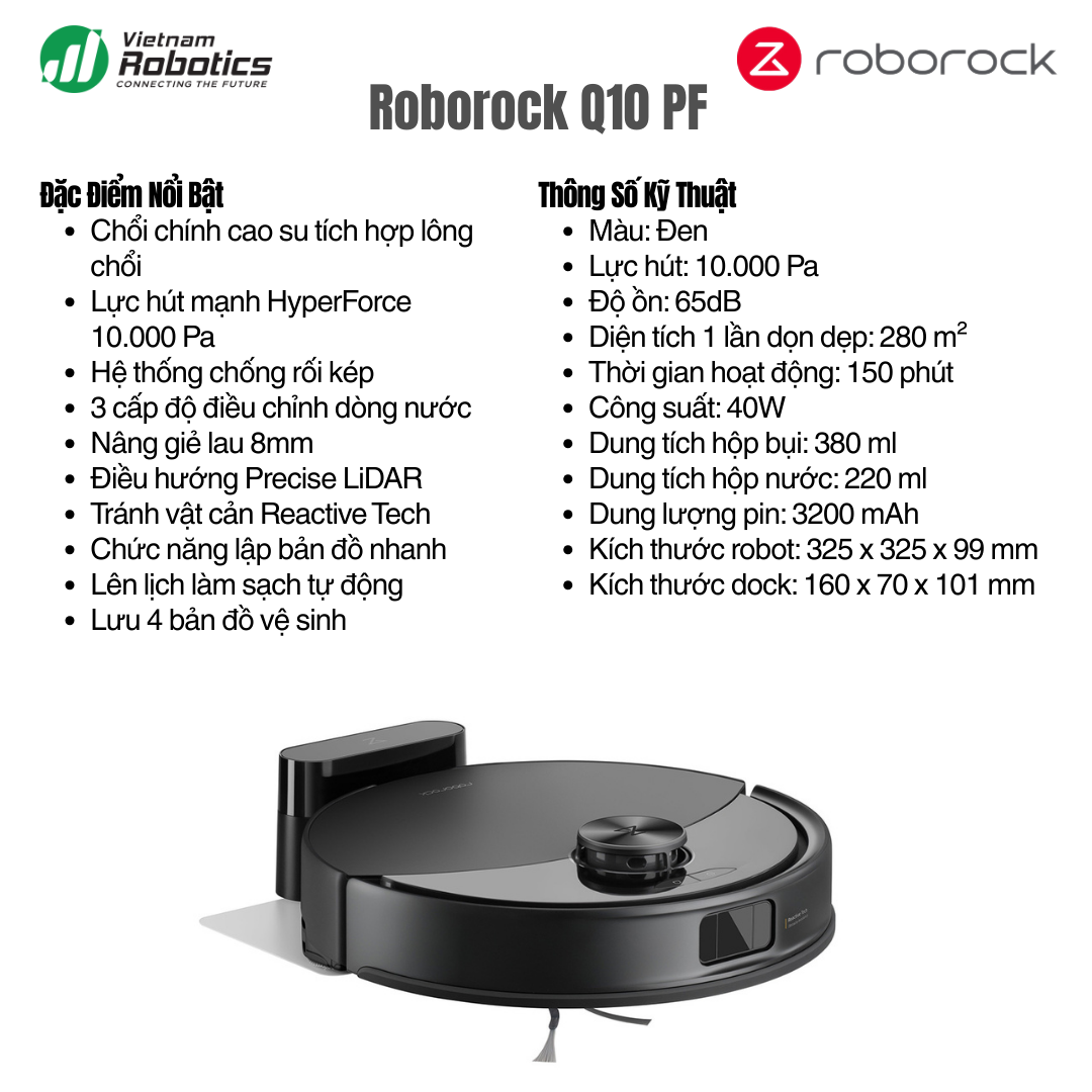 Robot hút bụi lau nhà Roborock Q10 VF Plus - lực hút 10.000Pa, lau rung 3000 l/p, tự xả rác 38 vietnamrobotics robot hut bui lau nha Roborock Q10 PF thong so tinh nang