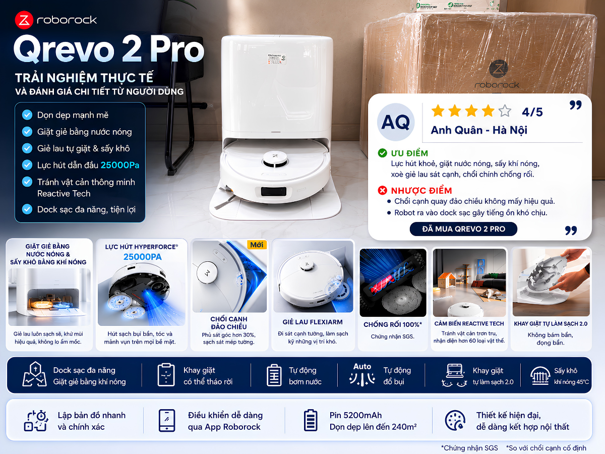 Roborock Qrevo 2 Pro: Đánh giá thực tế, ưu nhược điểm và giá bán