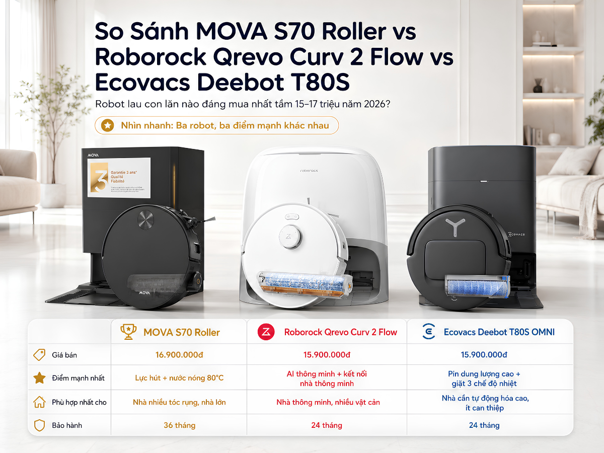 So Sánh MOVA S70 Roller vs Roborock Qrevo Curv 2 Flow vs Ecovacs Deebot T80S - 2026