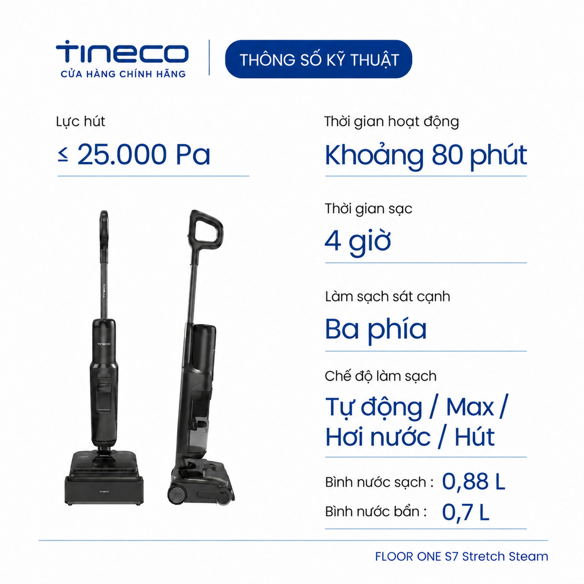 Máy Hút Bụi Lau Nhà Khô - Ướt Tineco S7 Stretch Steam- Hơi nước 230°C 
