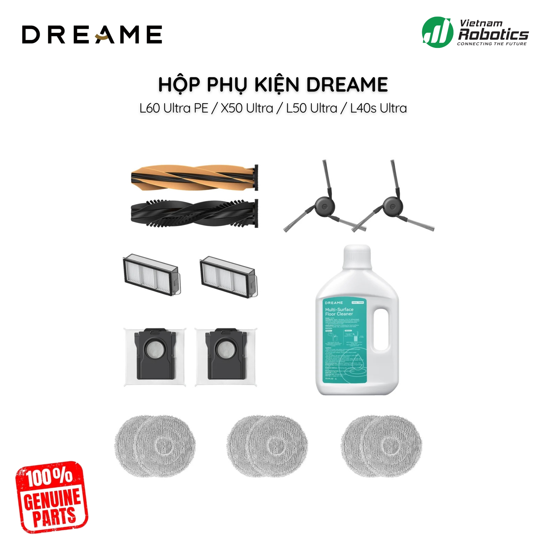 Bộ Phụ Kiện Dreame L60, X50 Ultra Chính Hãng: Chổi, Lọc, Túi Rác, Giẻ Lau