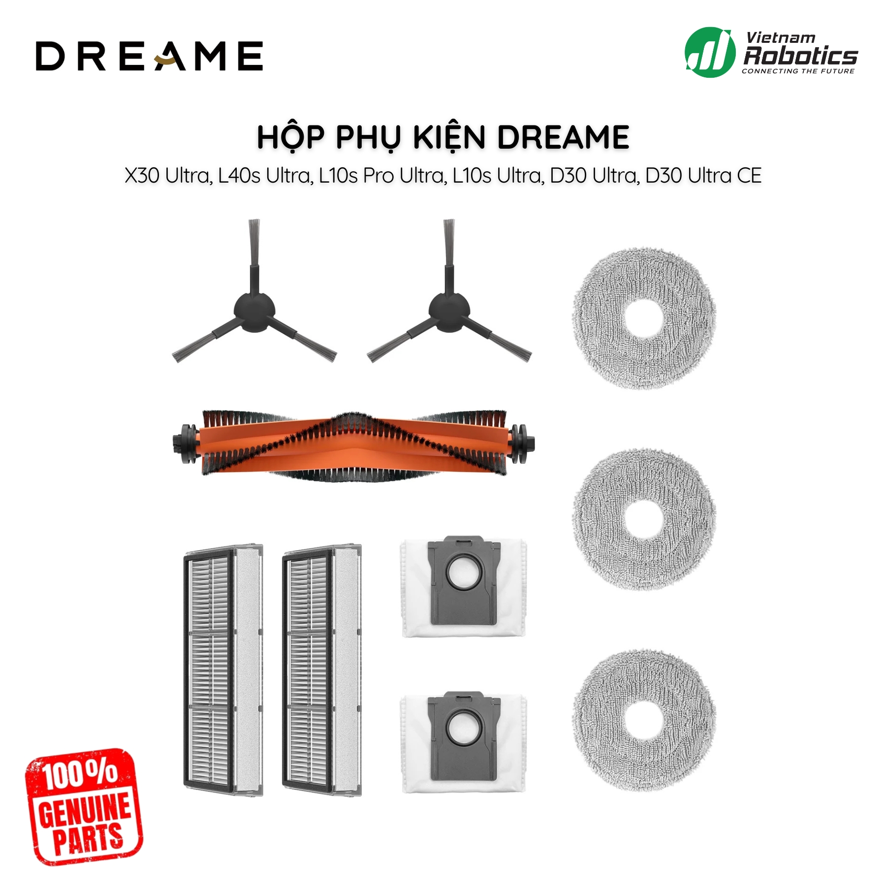 Bộ Phụ Kiện Dreame X30 Ultra, D30 Ultra: Chổi, Lọc, Túi Rác, Giẻ Lau