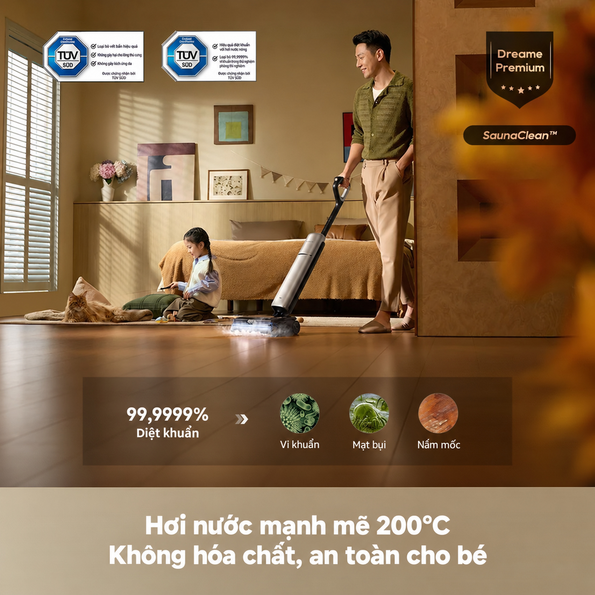 Hơi nước 200°C, khử khuẩn và an toàn cho sàn gỗ