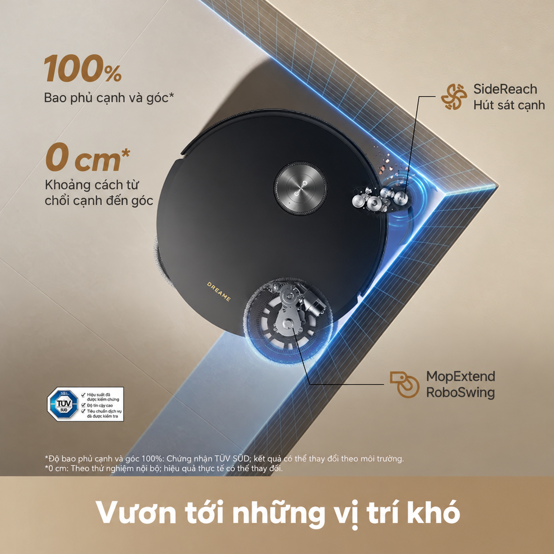Dual Flex Arm: chổi cạnh và mop mở rộng sát góc