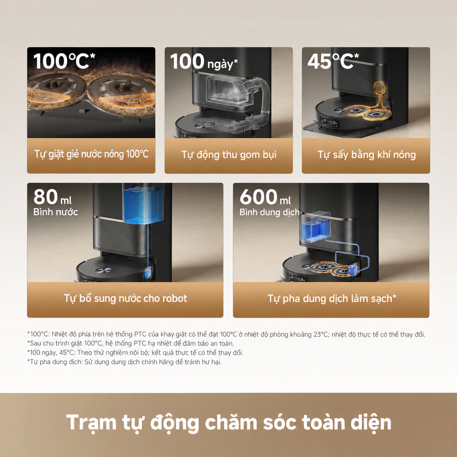 Đế tự động đổ rác, thêm dung dịch, châm nước