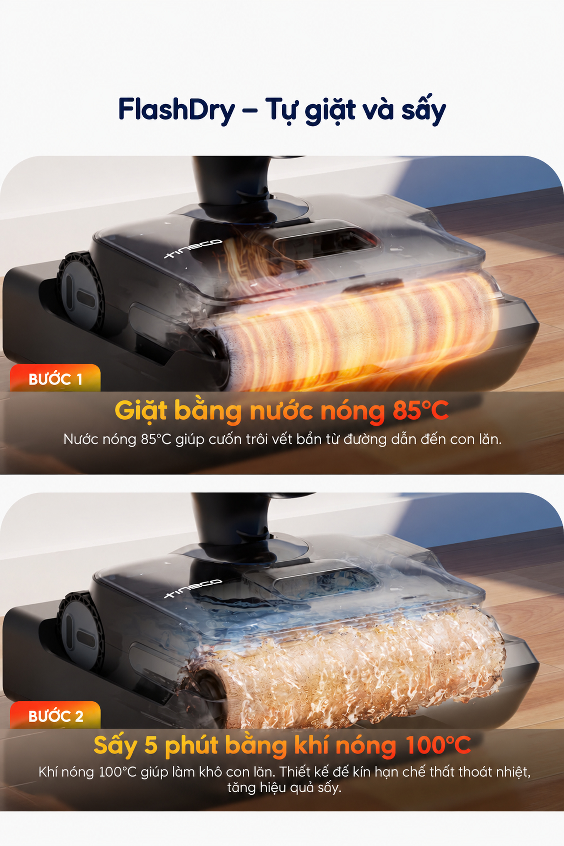 FlashDry: rửa nước nóng 85°C, sấy khí nóng 100°C khoảng 5 phút
