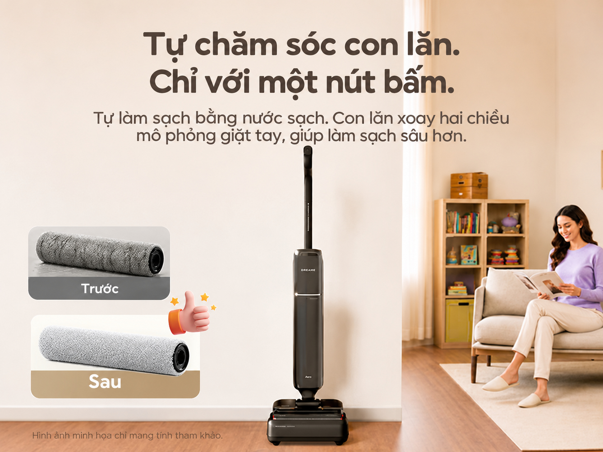 tự làm sạch con lăn bằng 1 nút bấm