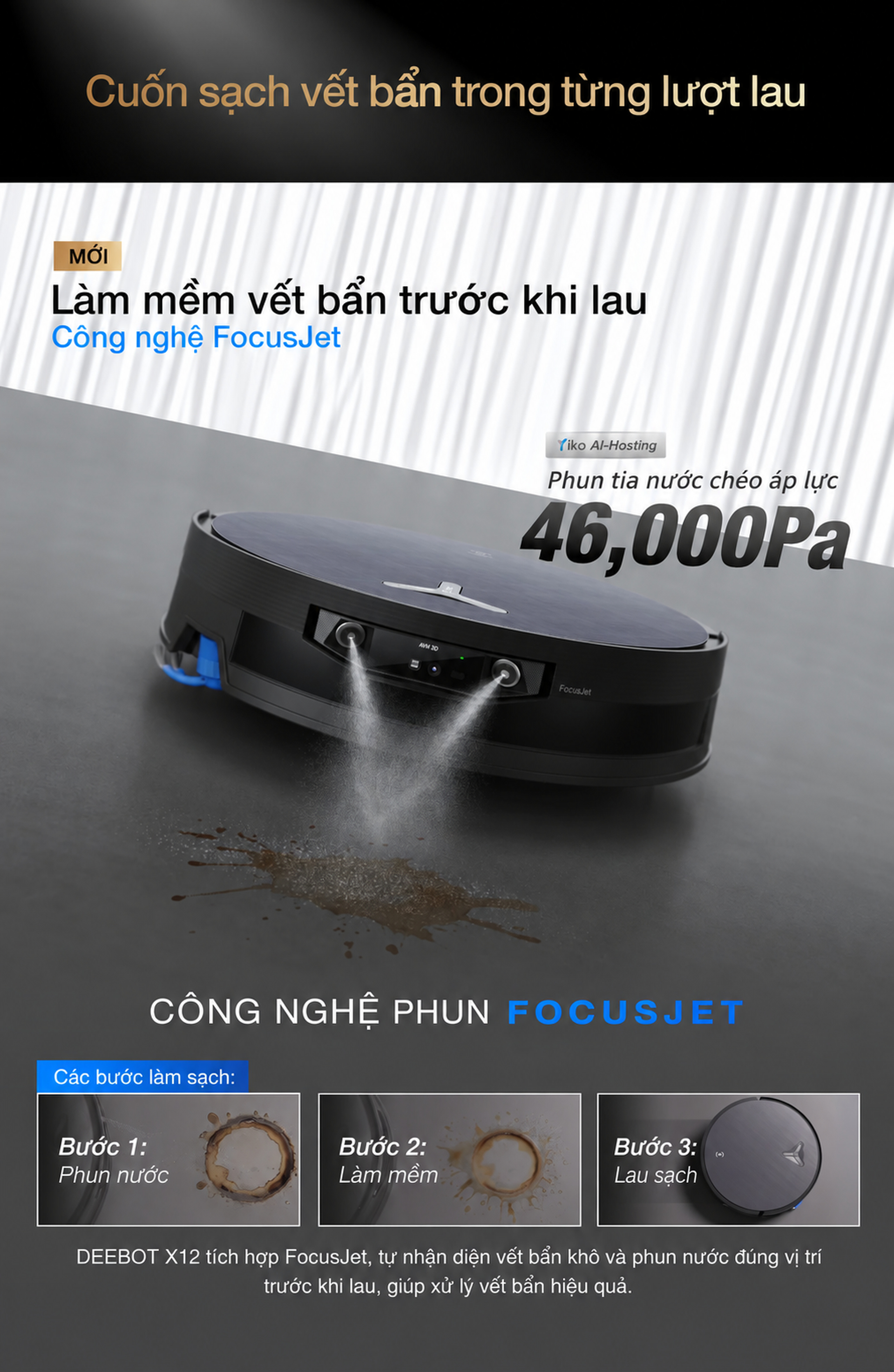 DEEBOT X12 làm sạch bằng FocusJet