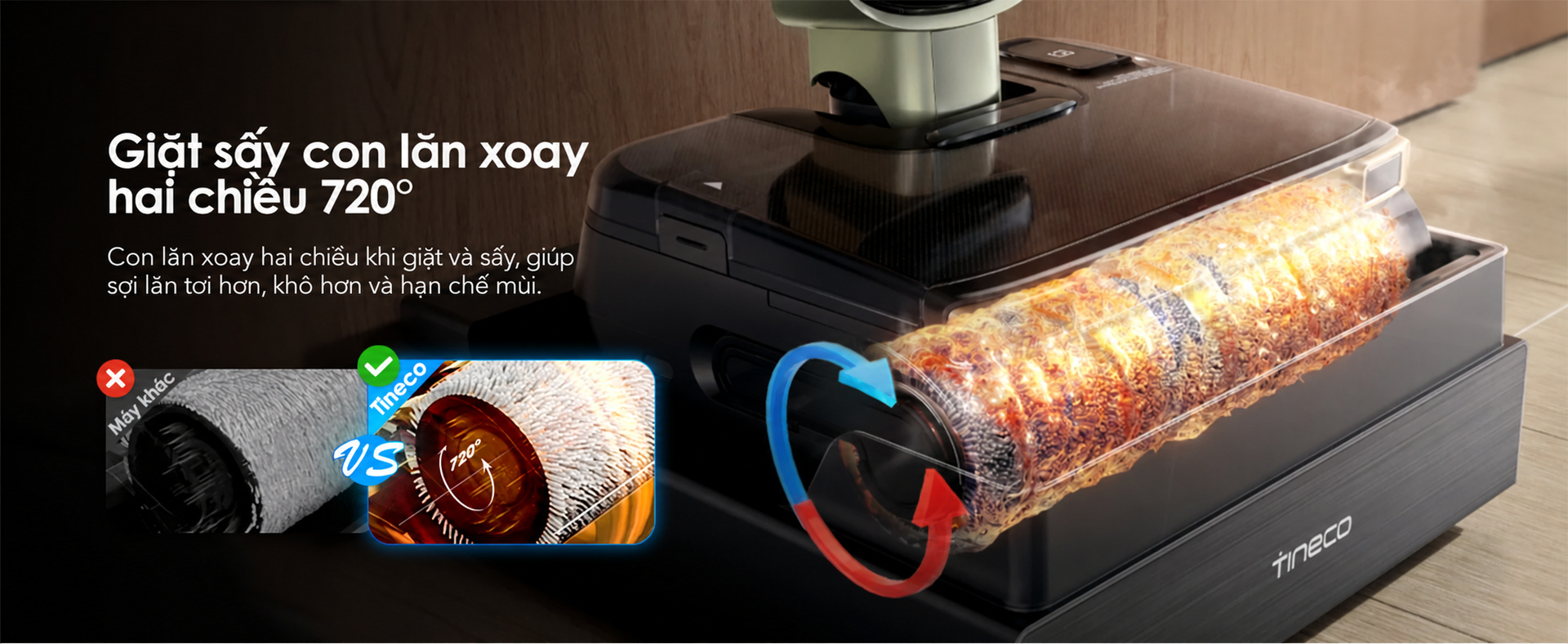 con lăn xoay 720 độ khi giặt, sấy