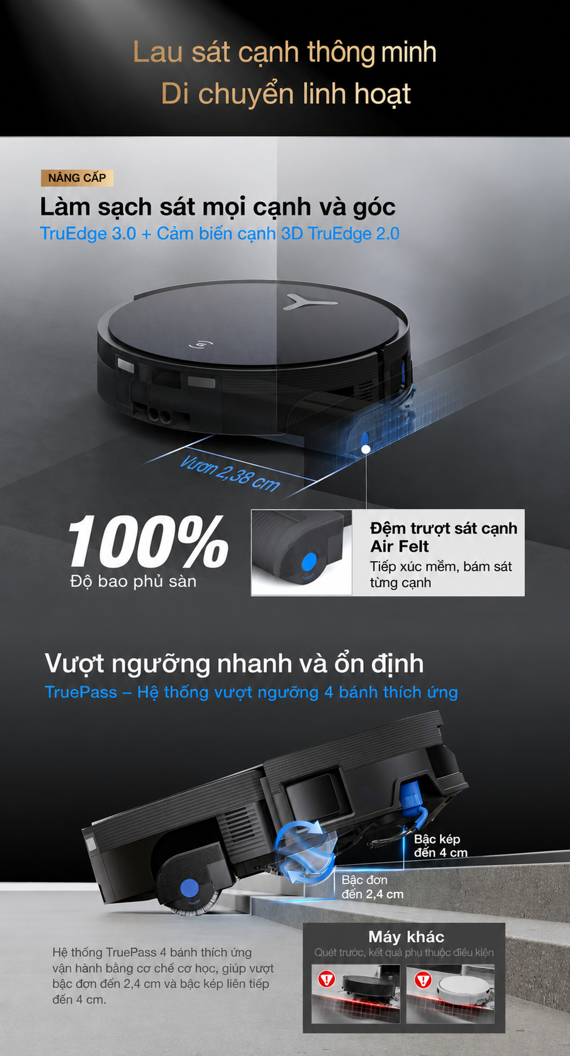 Làm sạch sát mọi cạnh, vượt vật cản kép 4cm