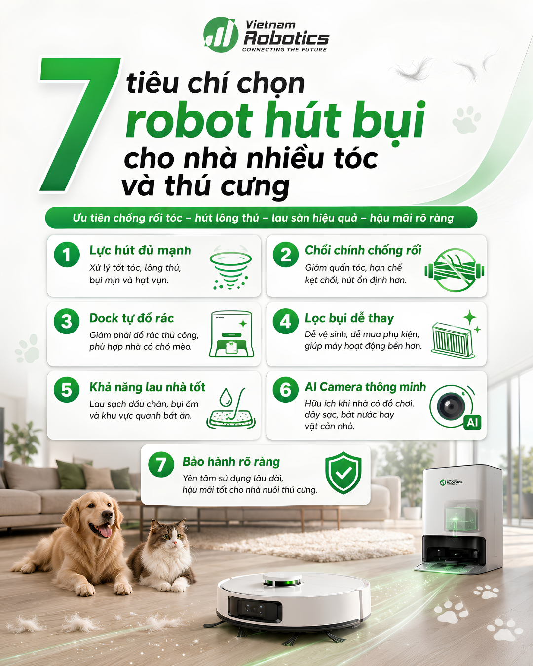 7 tiêu chí chọn robot hút bụi cho nhà nhiều tóc và thú cưng