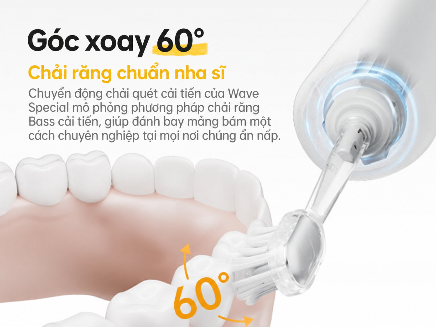 Góc xoay 60 độ, đánh răng chuẩn nha sĩ