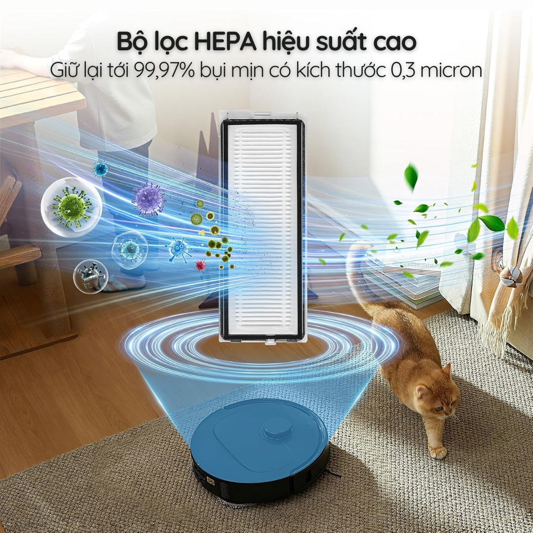 Bộ lọc HEPA cao cấp có khả năng giữ tới 99,97% bụi mịn kích thước 0,3 micron.