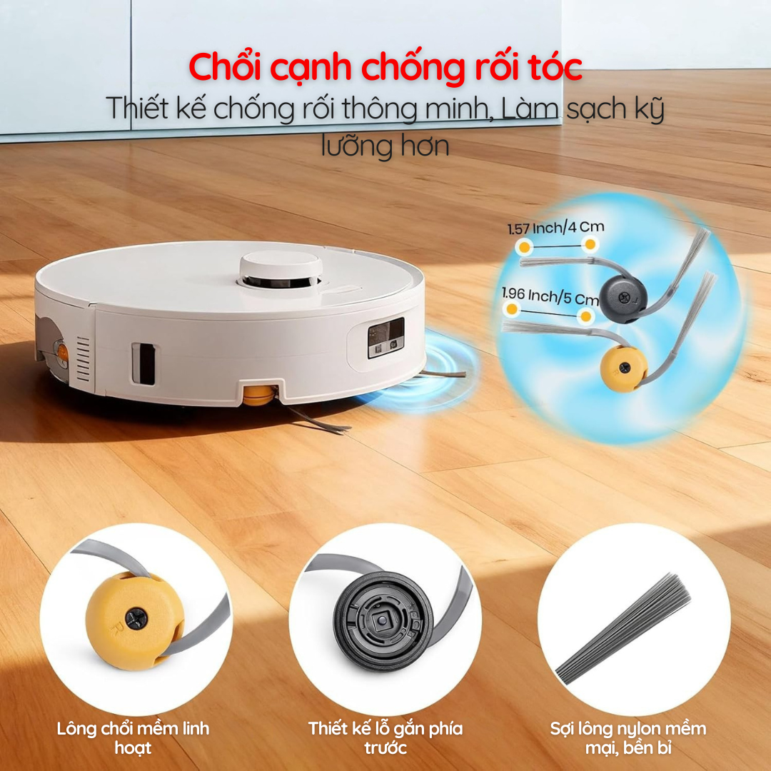 Chổi cạnh chống rối của Roborock Qrevo Curv 2 Flow được thiết kế thông minh với sợi nylon mềm mại, linh hoạt, giúp gom bụi chính xác về cửa hút.