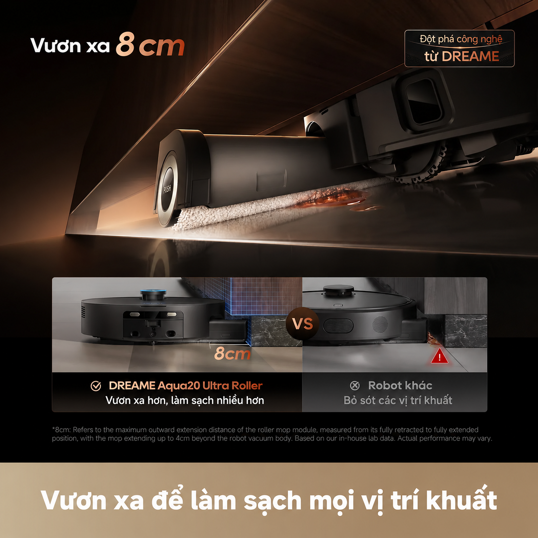Con lăn vươn tổng cộng 8 cm, lau sâu hơn vào mép và góc