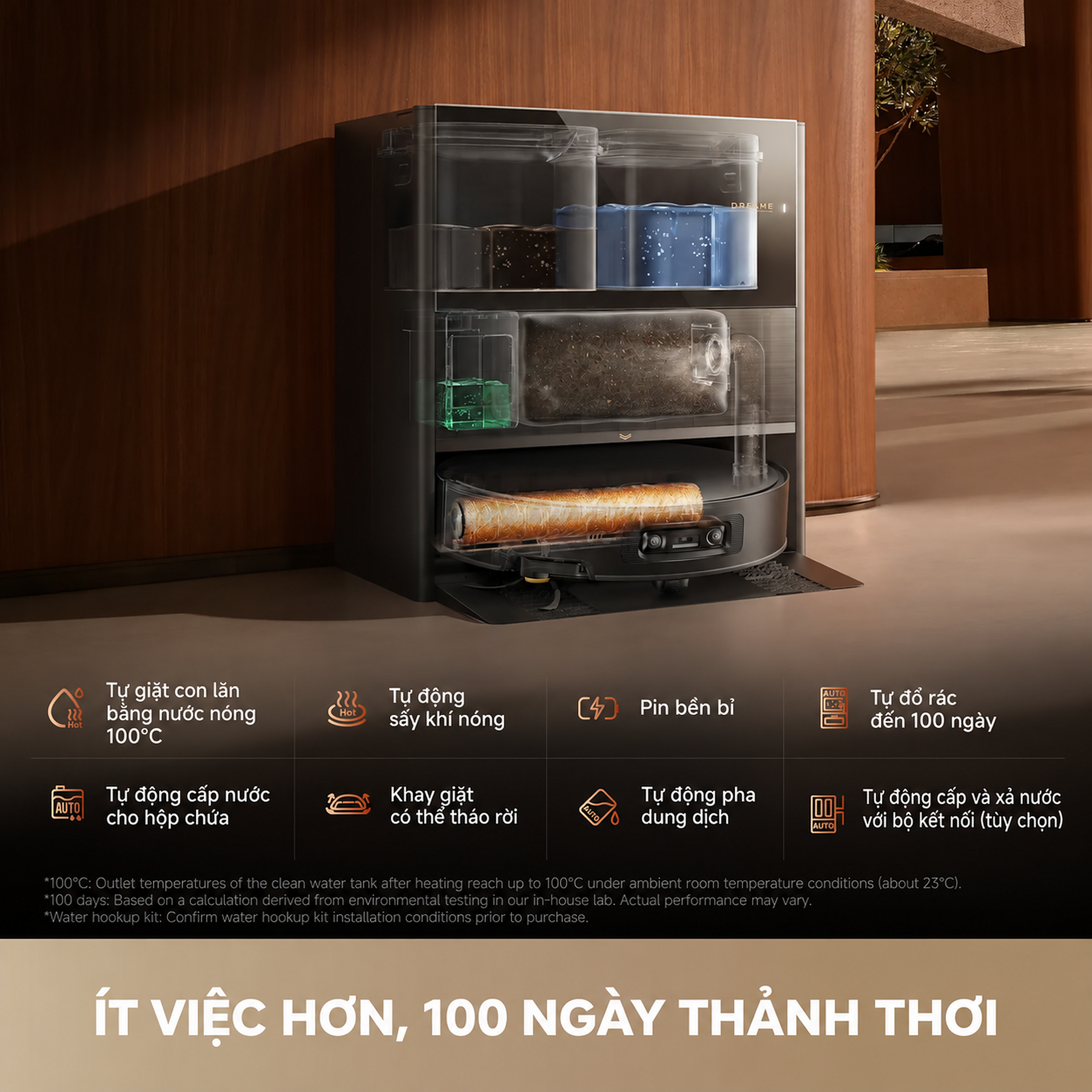 Dock đa năng: Giặt con lăn nước nóng 100°C và tự bảo trì