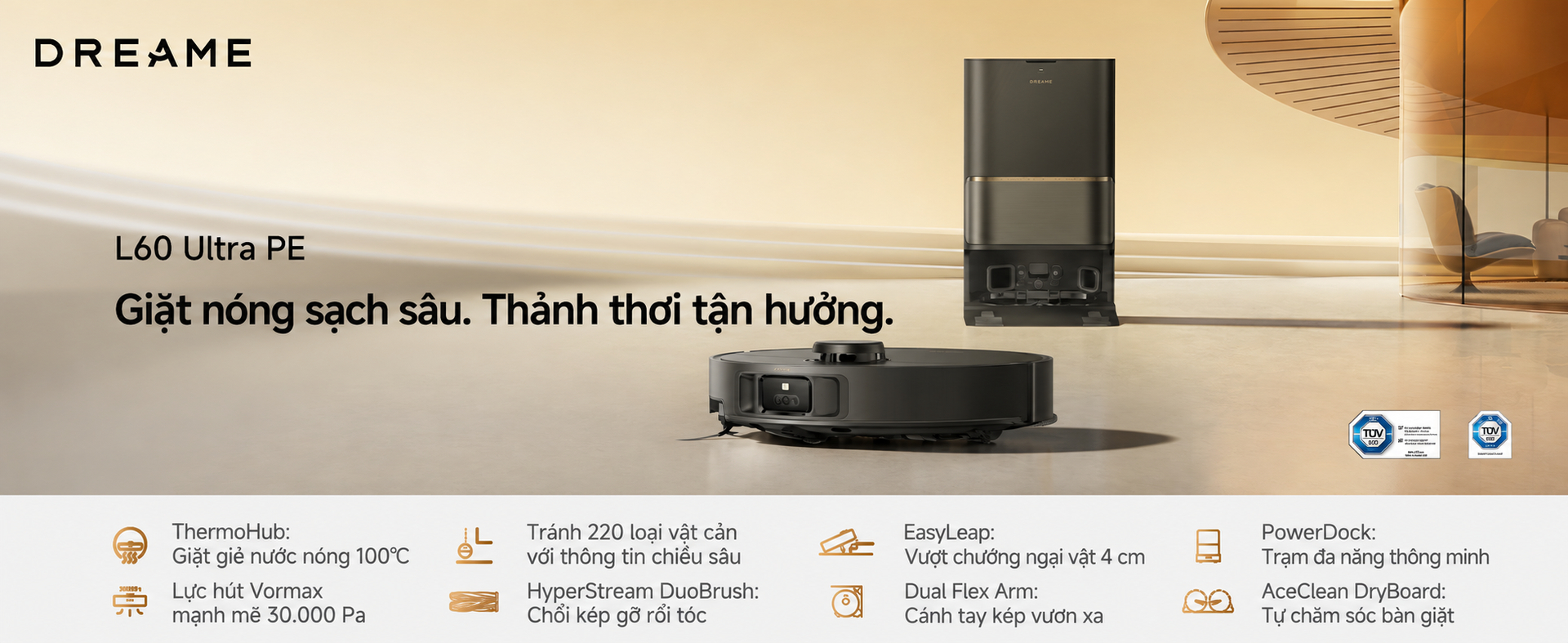 Dreame L60 Ultra PE - Robot Hút Bụi Lau Nhà Lực Hút 30.000Pa, DuoBrush Chống Rối, Mop Nước Nóng 100°C