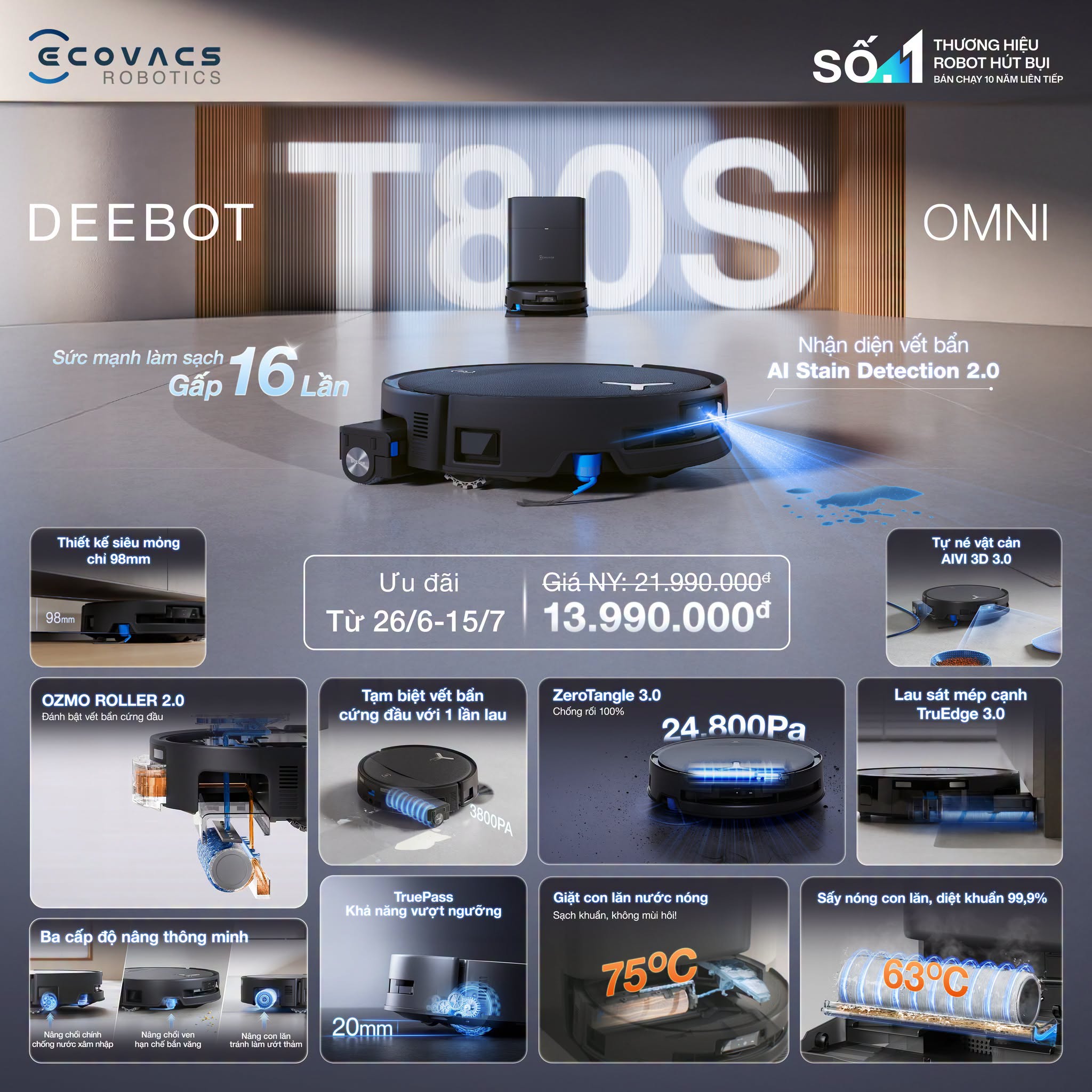 Ecovacs Deebot T80S Omni - ZeroTangle 3.0 kết hợp lau con lăn
