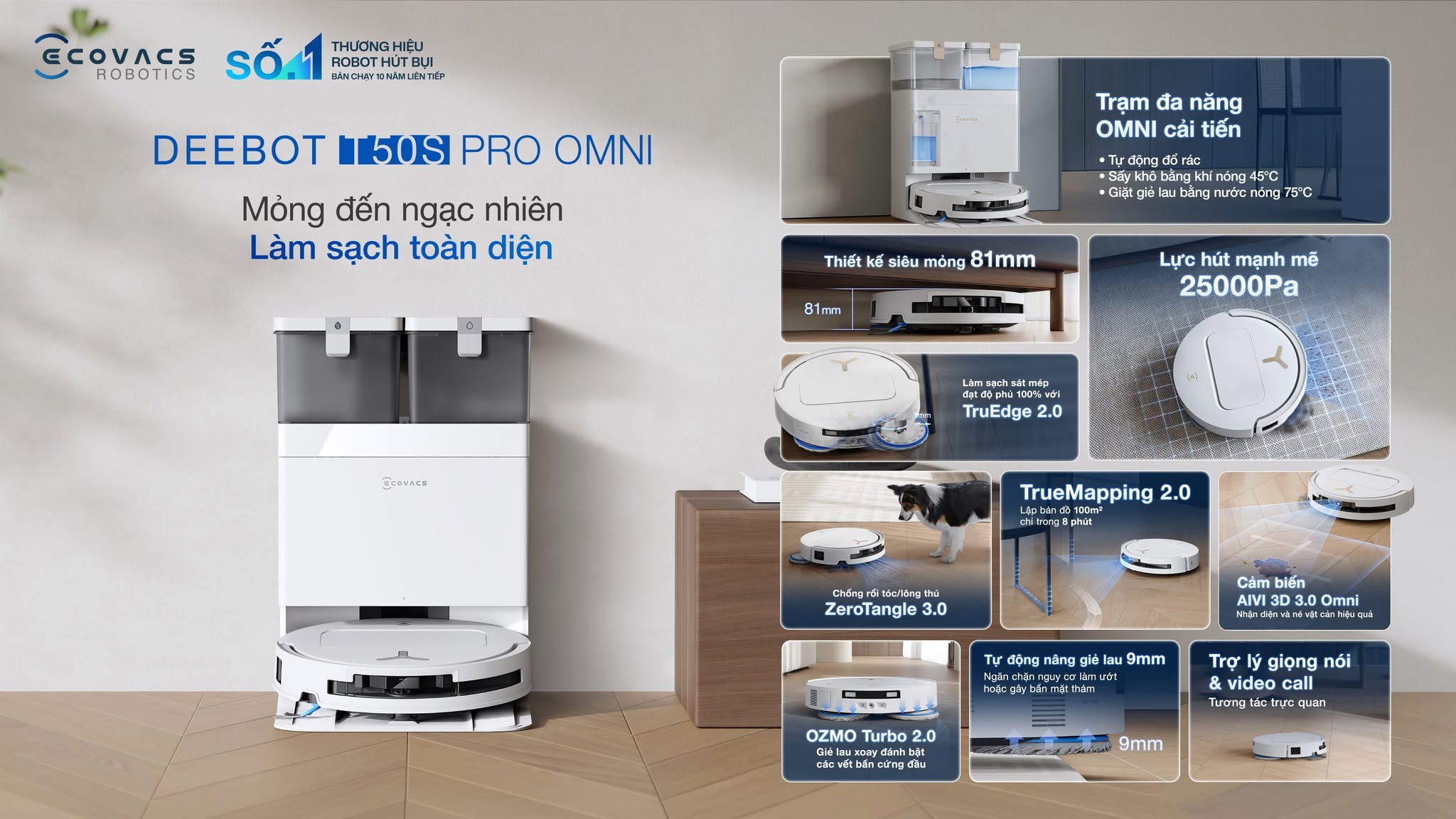 ECOVACS DEEBOT T50S Pro Omni: Robot siêu mỏng 8,1 cm, lực hút 25.000Pa và AI tránh vật cản thế hệ mới
