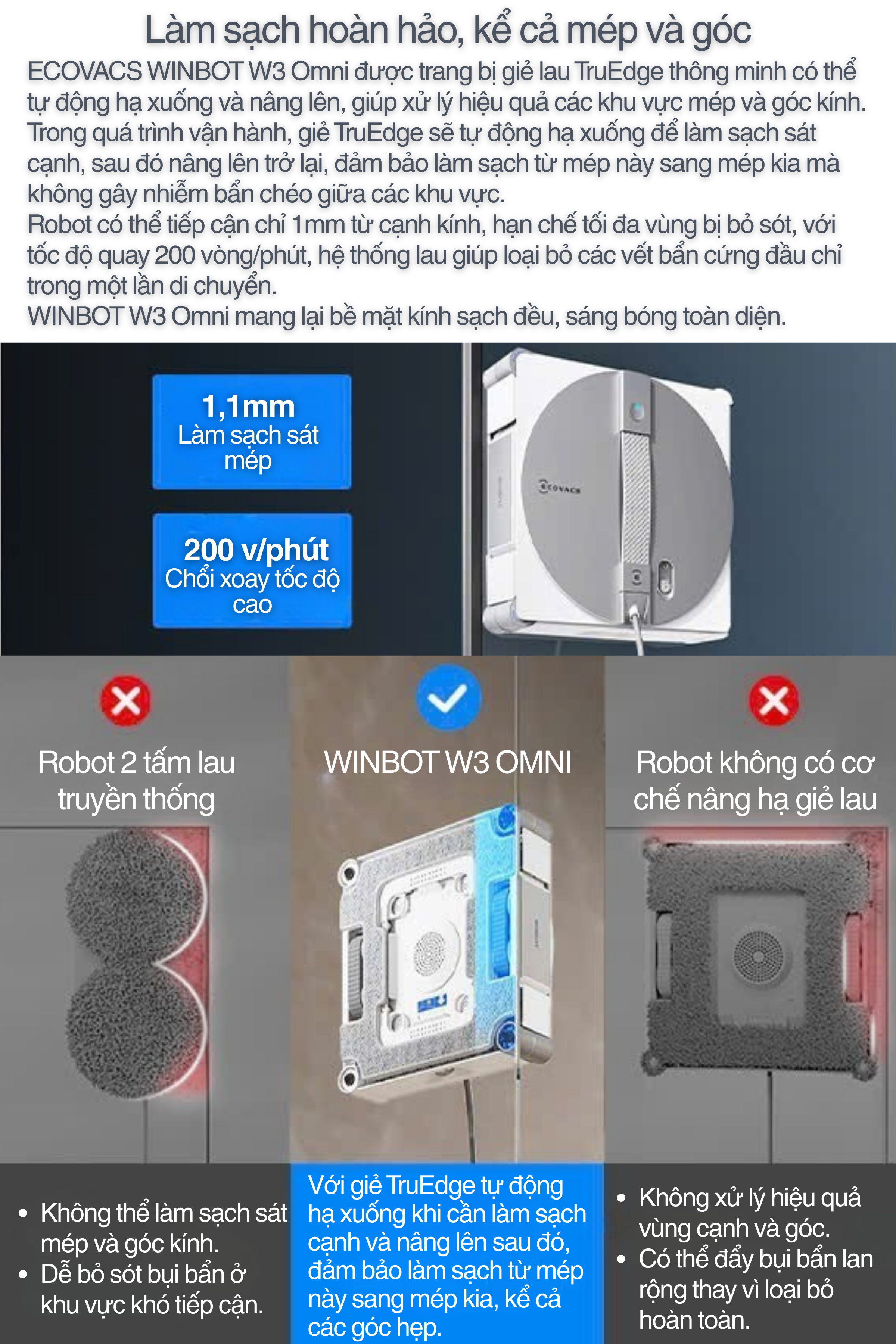 Làm sạch hoàn hảo, kể cả mép và góc