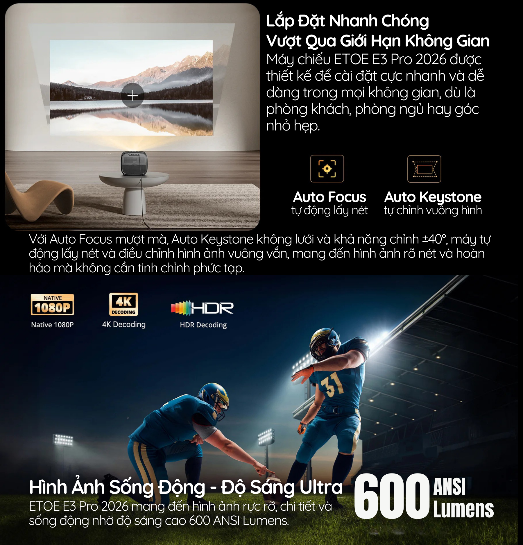 Lắp Đặt Nhanh Chóng - Hình Ảnh Sống Động - Độ Sáng Ultra 600 ansi lumens