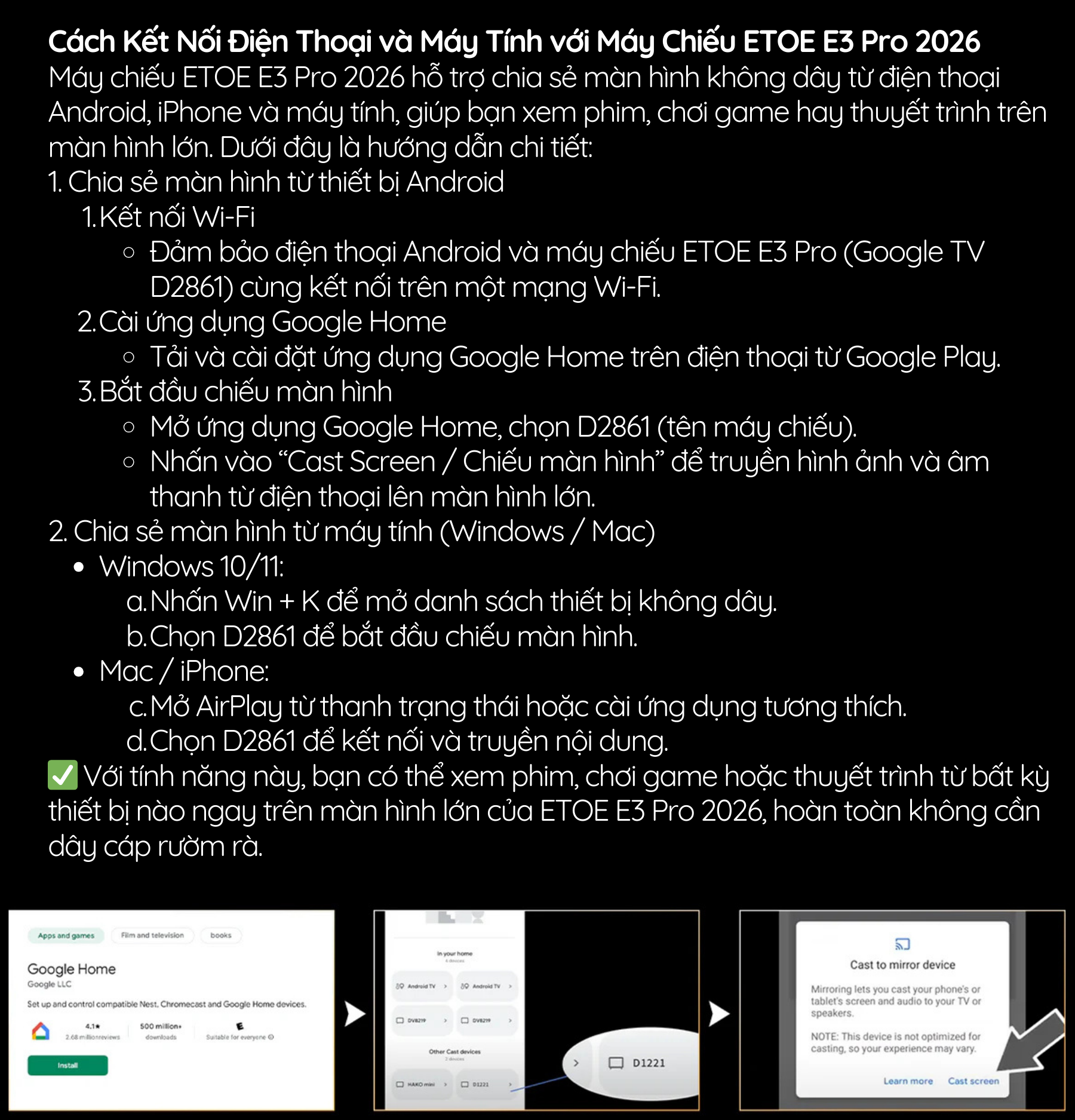 Cách Kết Nối Điện Thoại và Máy Tính với Máy Chiếu ETOE E3 Pro 2026