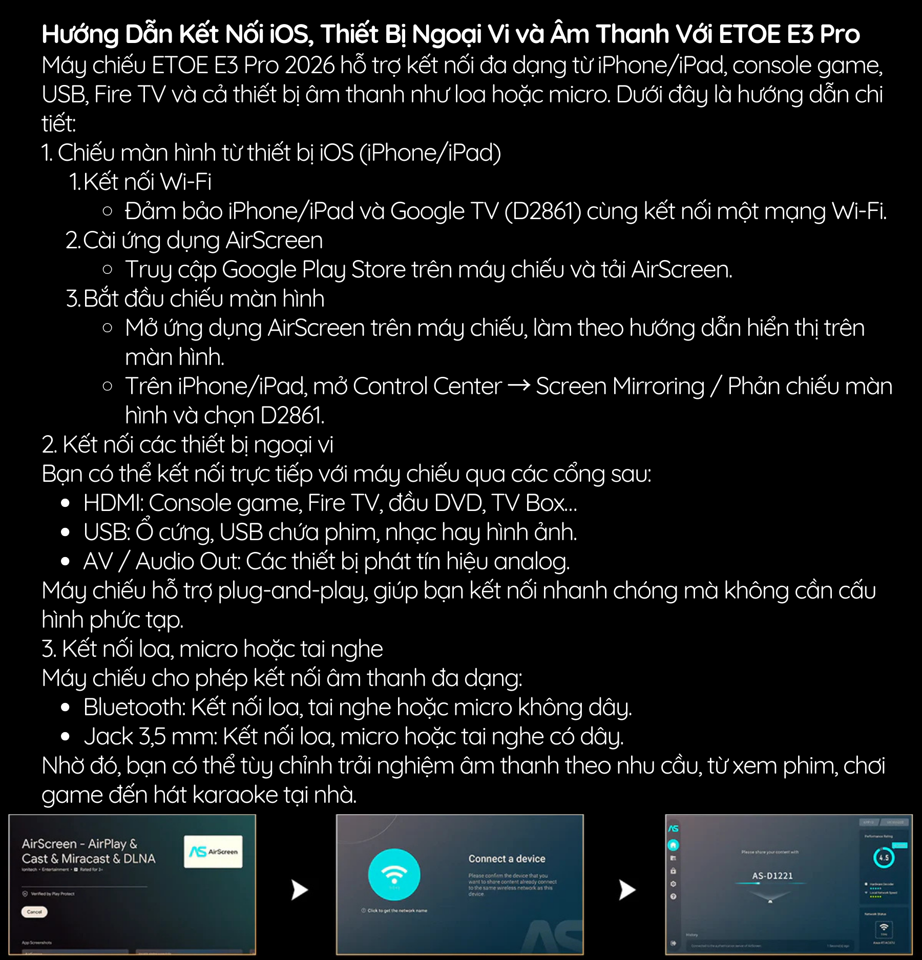 Hướng Dẫn Kết Nối iOS, Thiết Bị Ngoại Vi và Âm Thanh Với ETOE E3 Pro