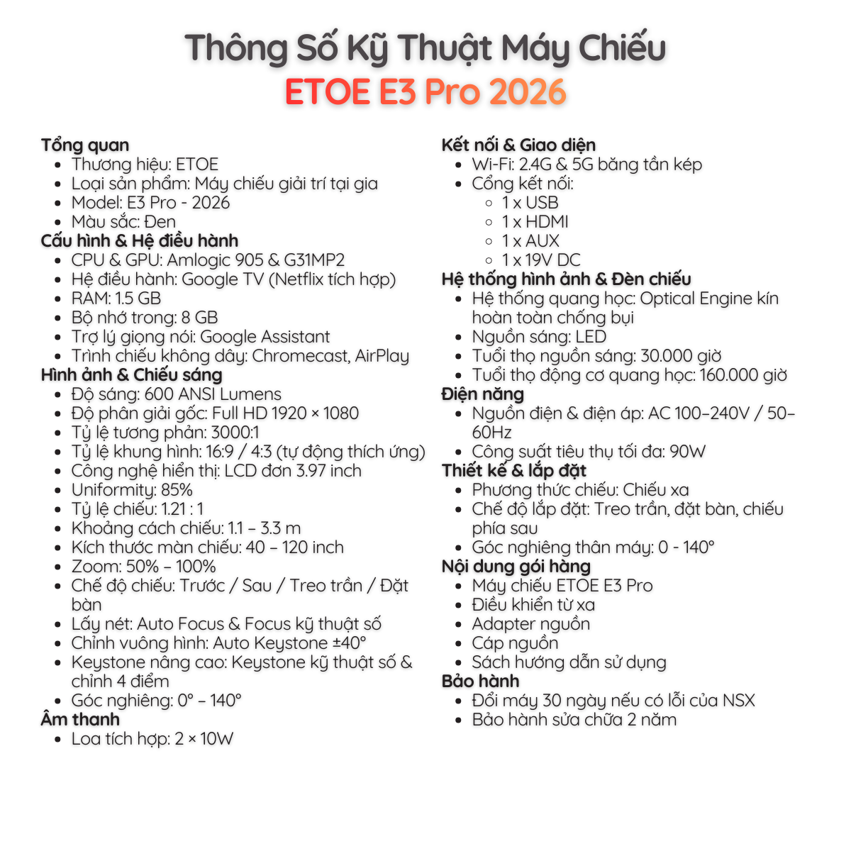 Thông Số Kỹ Thuật Máy Chiếu ETOE E3 Pro 2026
