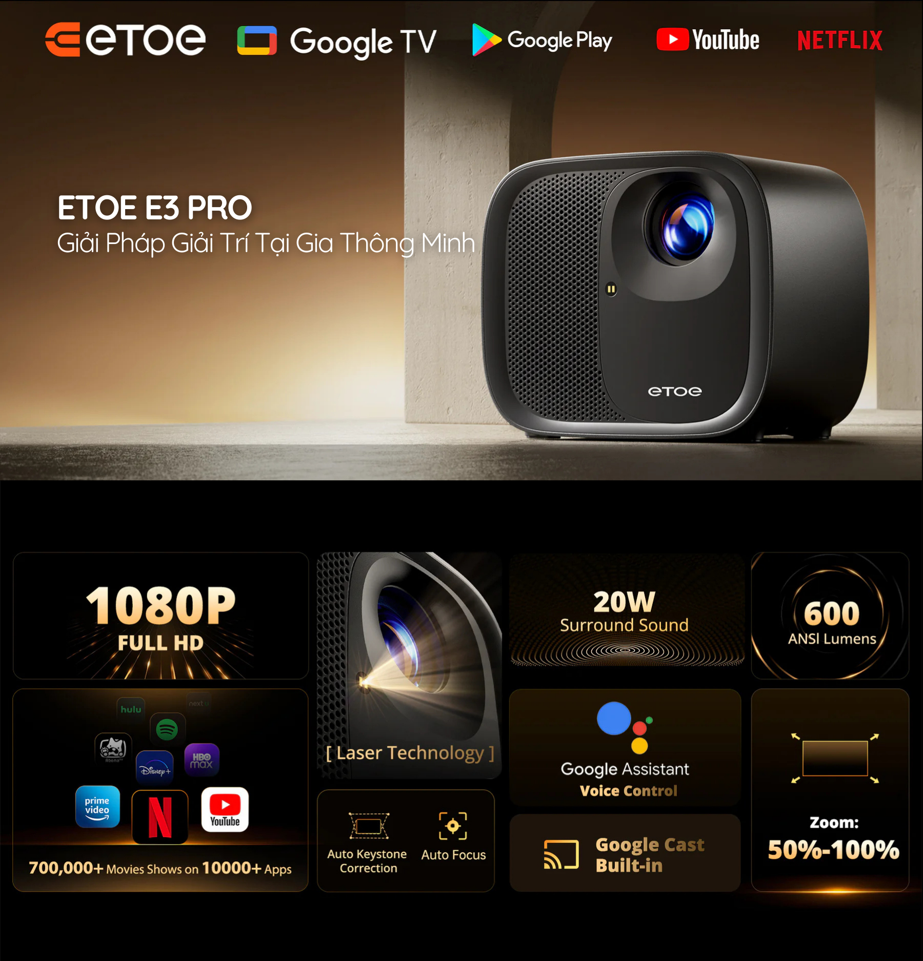Máy Chiếu ETOE E3 Pro 2026 - Google TV Thông Minh Cho Rạp Chiếu Phim Tại Gia