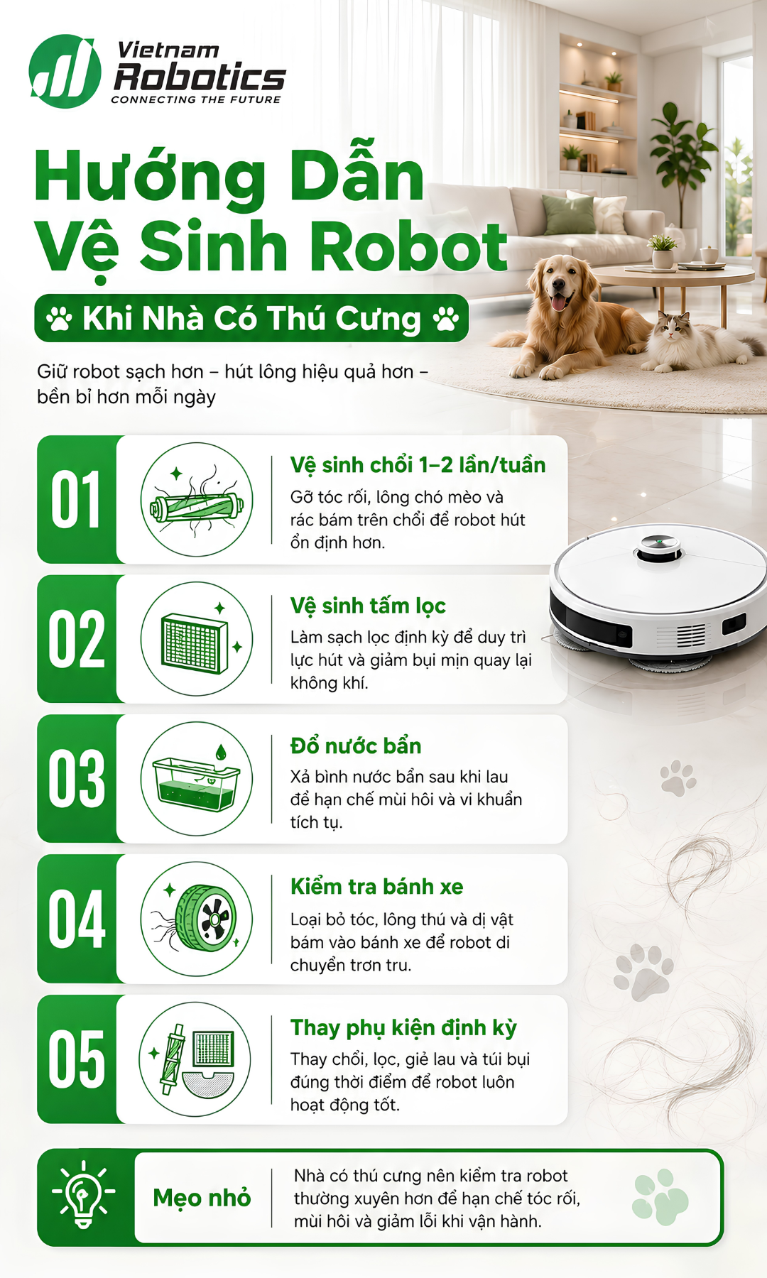 Cách sử dụng robot bền hơn khi nhà nhiều tóc và thú cưng