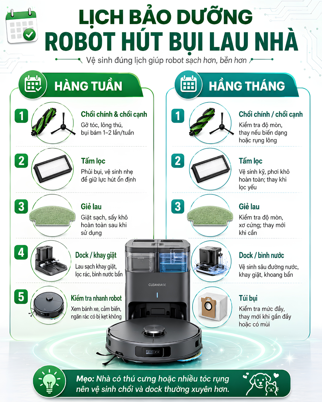 Nên thường xuyên vệ sinh bảo dường robot định kỳ để tối ưu hiệu suất làm sạch của robot