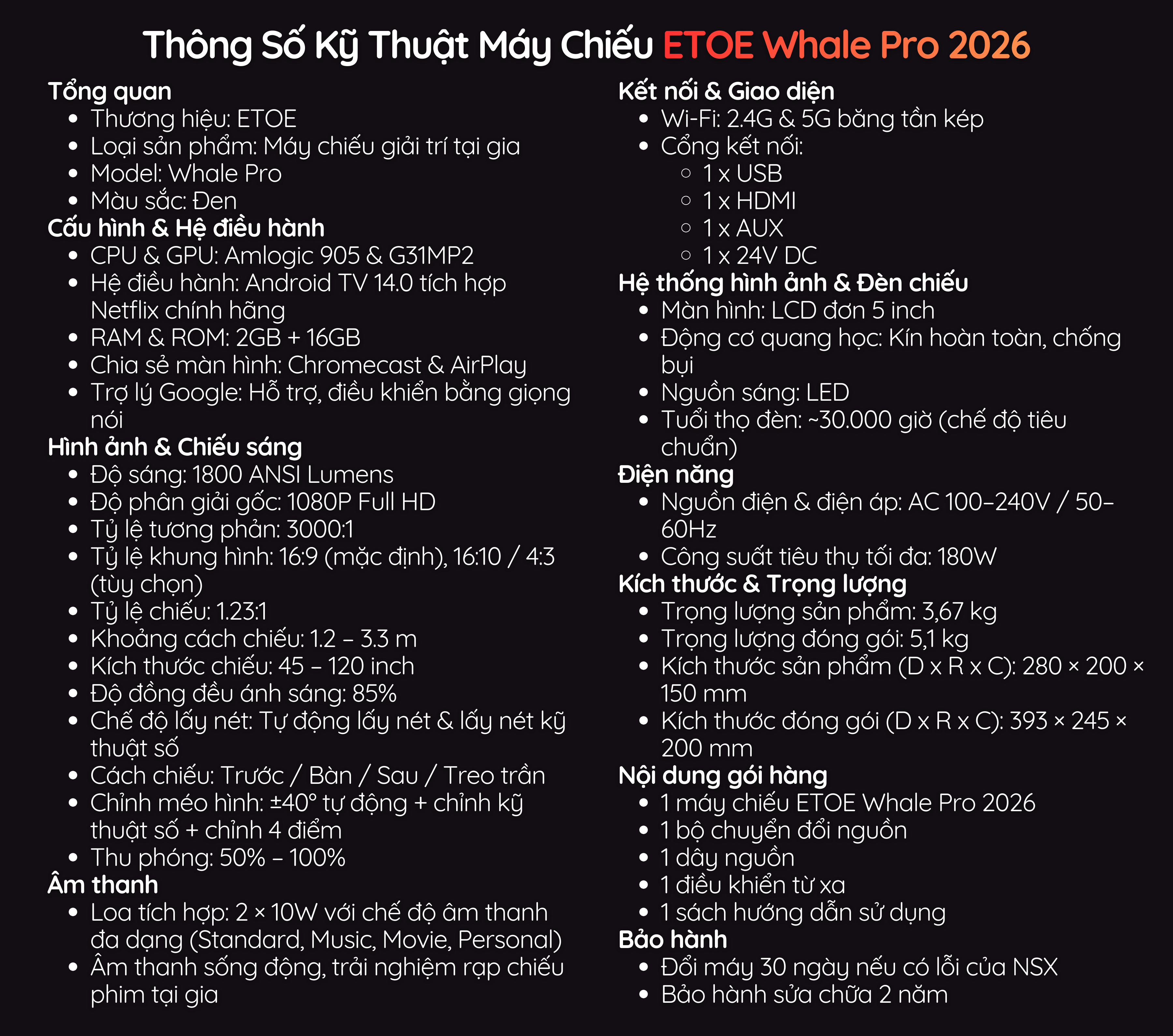 ETOE Whale Pro 2026 - thông số kỹ thuật sản phẩm