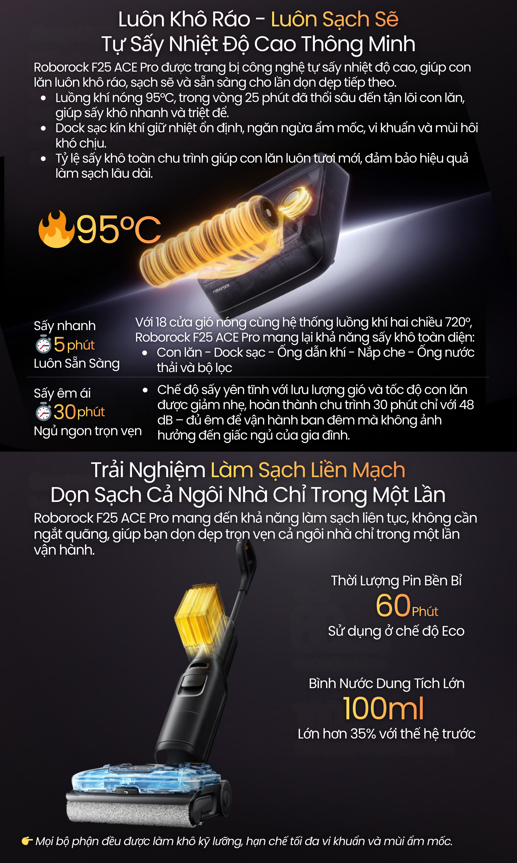 sấy khô bằng khí nóng 95 độ C, pin hoạt động liên tục 60 phút