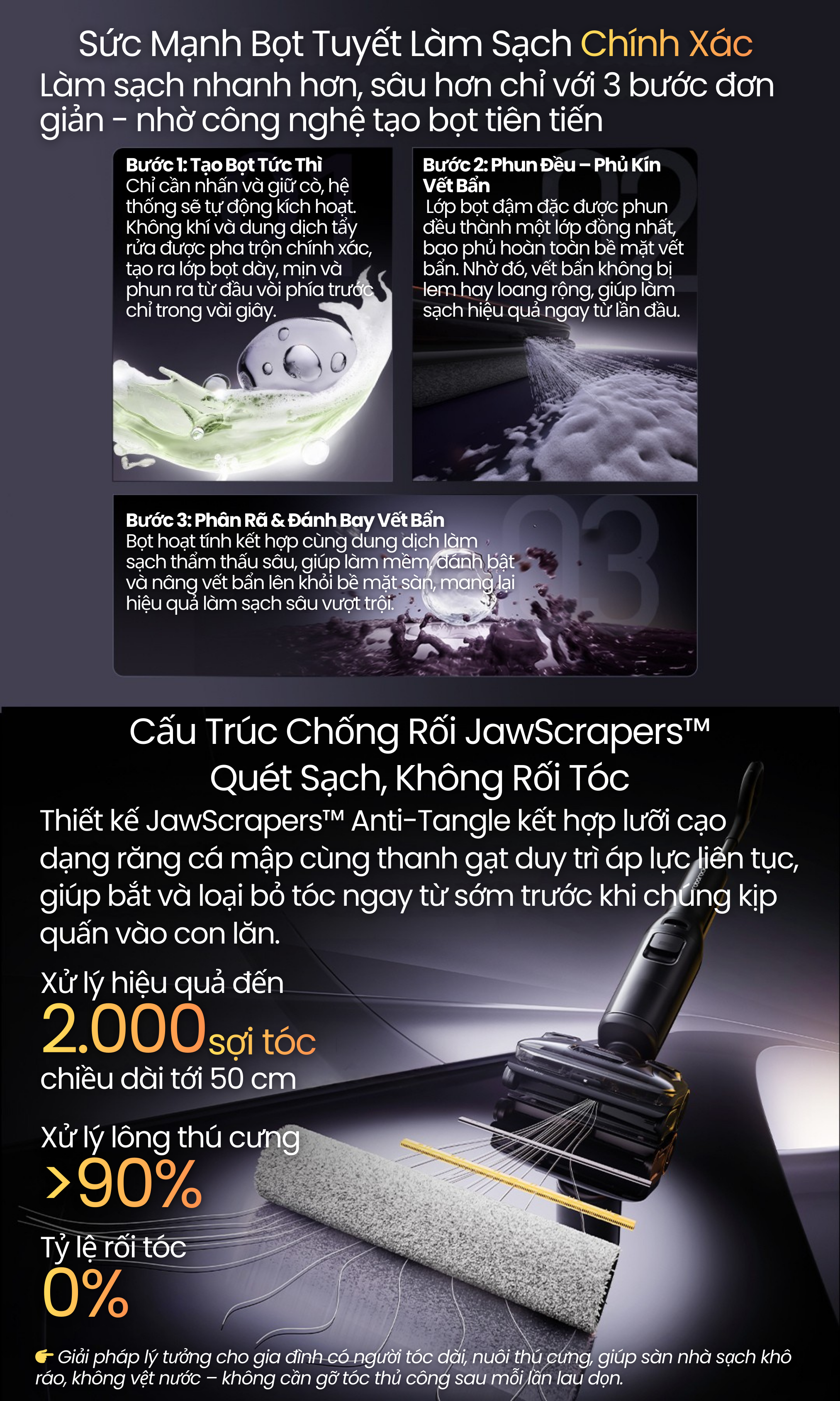 sức mạnh bọt tuyết tẩy rửa - công nghệ chống rối tóc