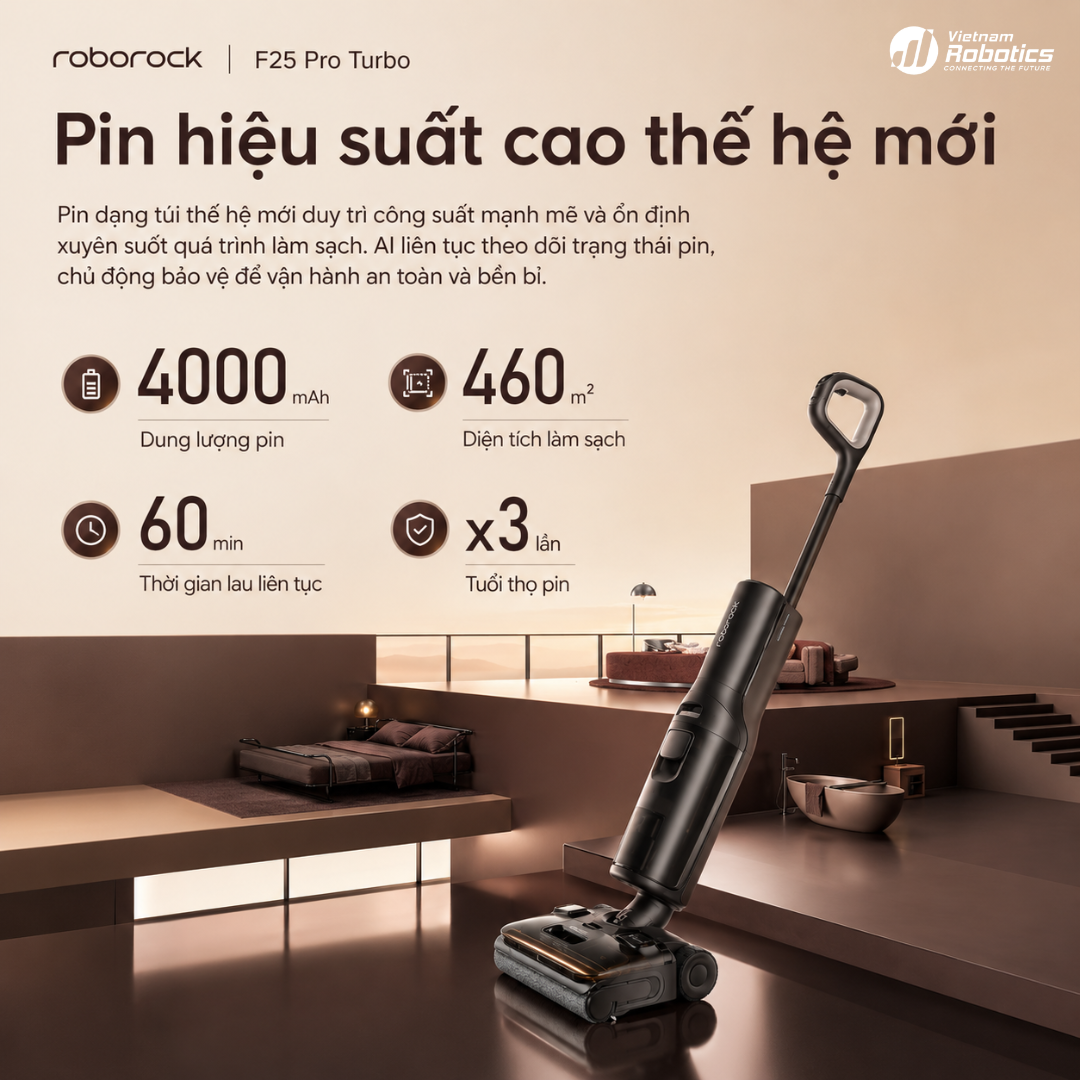 Roborock F25 Pro Turbo sử dụng pin 4.000mAh với thời gian hoạt động tối đa khoảng 60 phút ở chế độ Eco