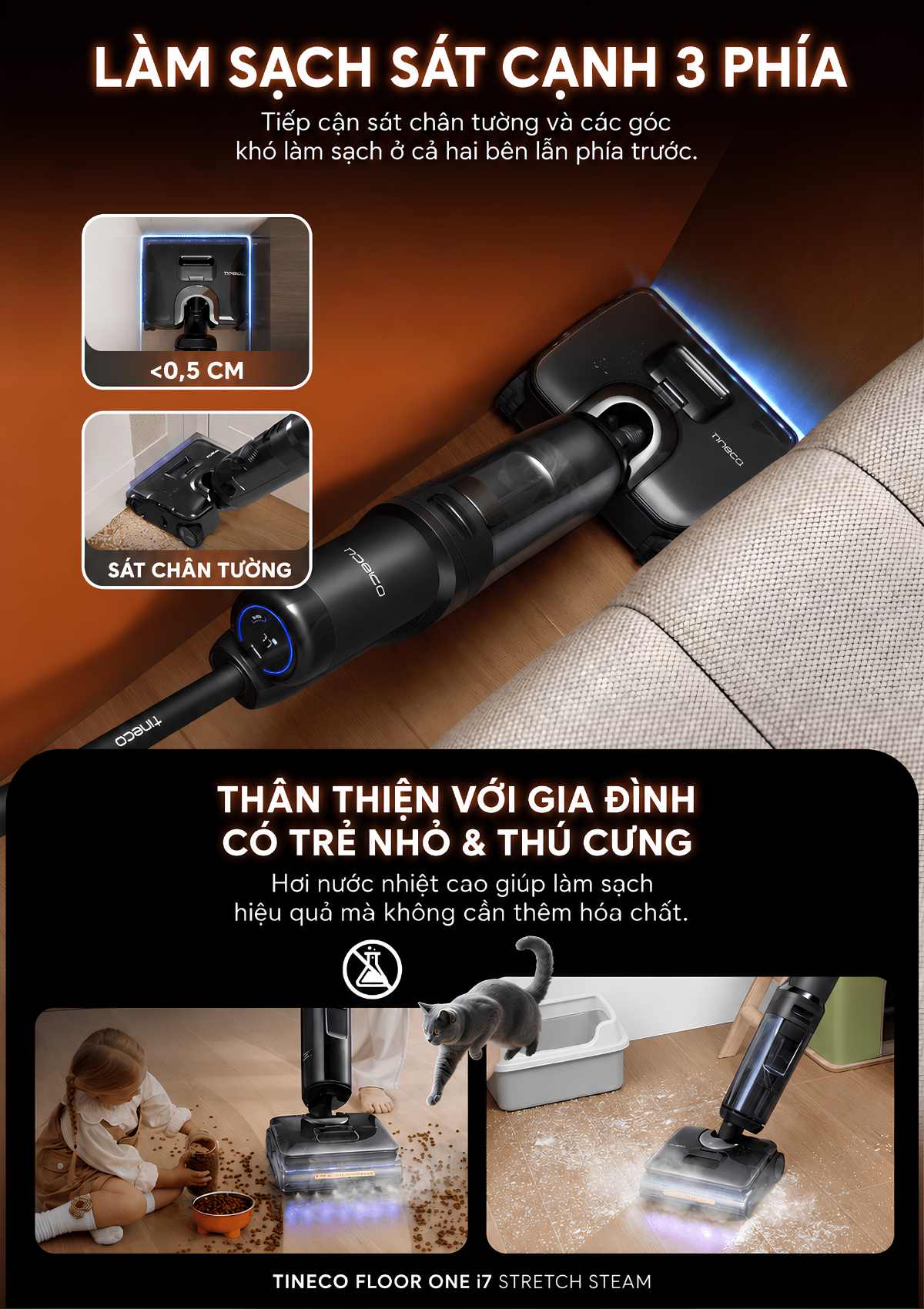 Lau sát ba cạnh, phù hợp chân tường và góc tủ