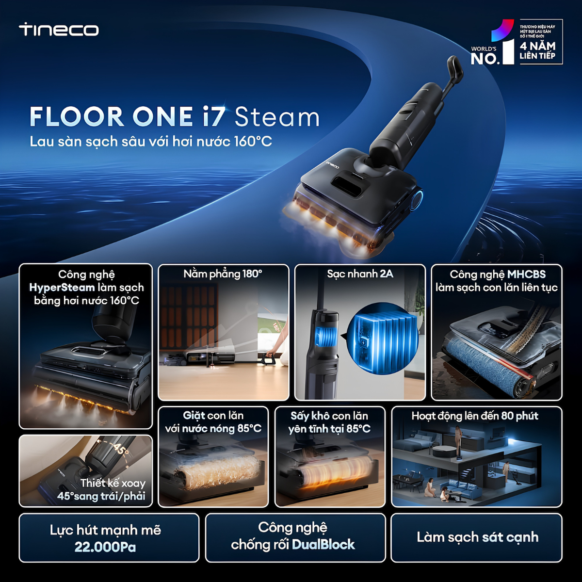Tineco Floor One i7 Stretch Steam: Máy Hút Bụi Lau Nhà Hơi Nước 160°C, Pin 80 Phút