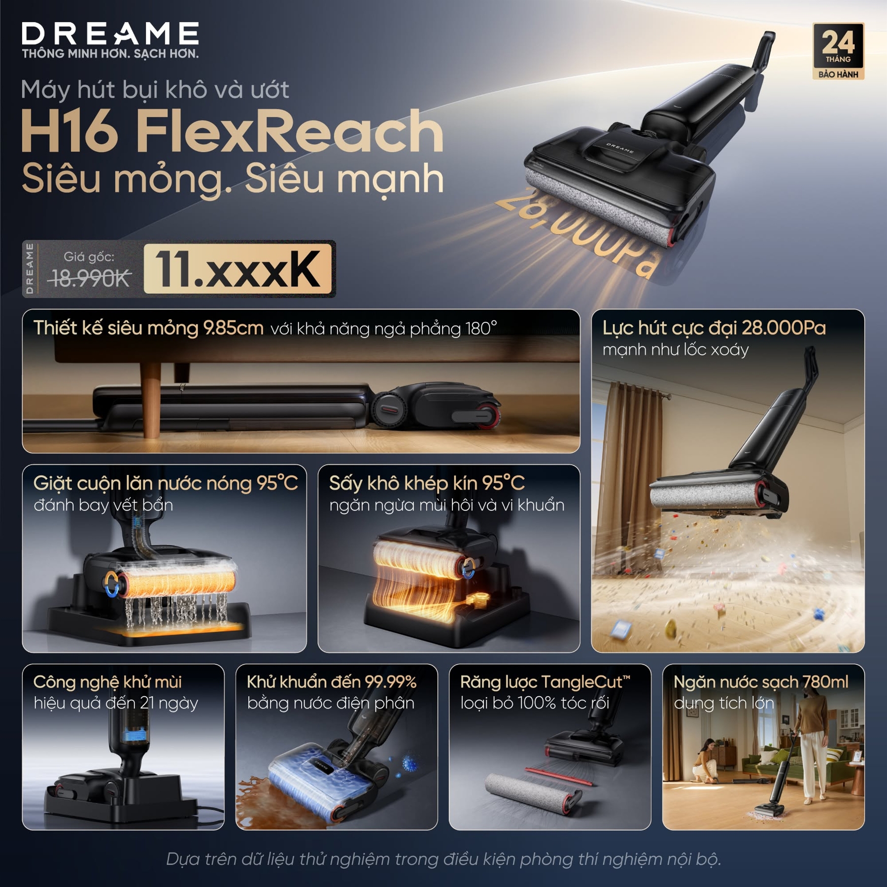 Dreame H16 FlexReach - Máy Hút Bụi Lau Sàn Siêu Mỏng, Lực Hút 28.000Pa, Chống Rối Tóc Và Lông Thú Cưng