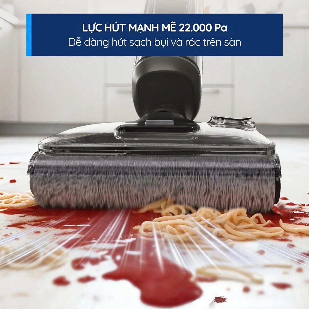 Lực hút 22.000 Pa hỗ trợ xử lý bụi, tóc và chất bẩn khô ướt