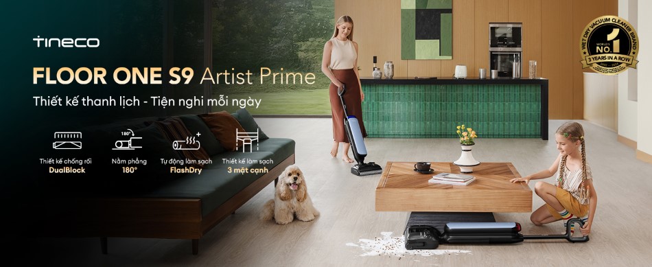 Tineco Floor One S9 Artist Prime - Máy Lau Sàn Khô Ướt 22.000Pa, 4 Chế Độ, Chống Rối Tóc DualBlock