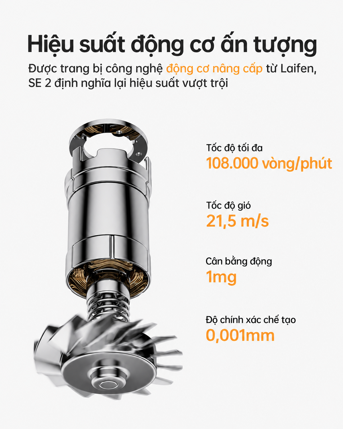 Động cơ 108.000 vòng/phút, gió 21,5 m/s