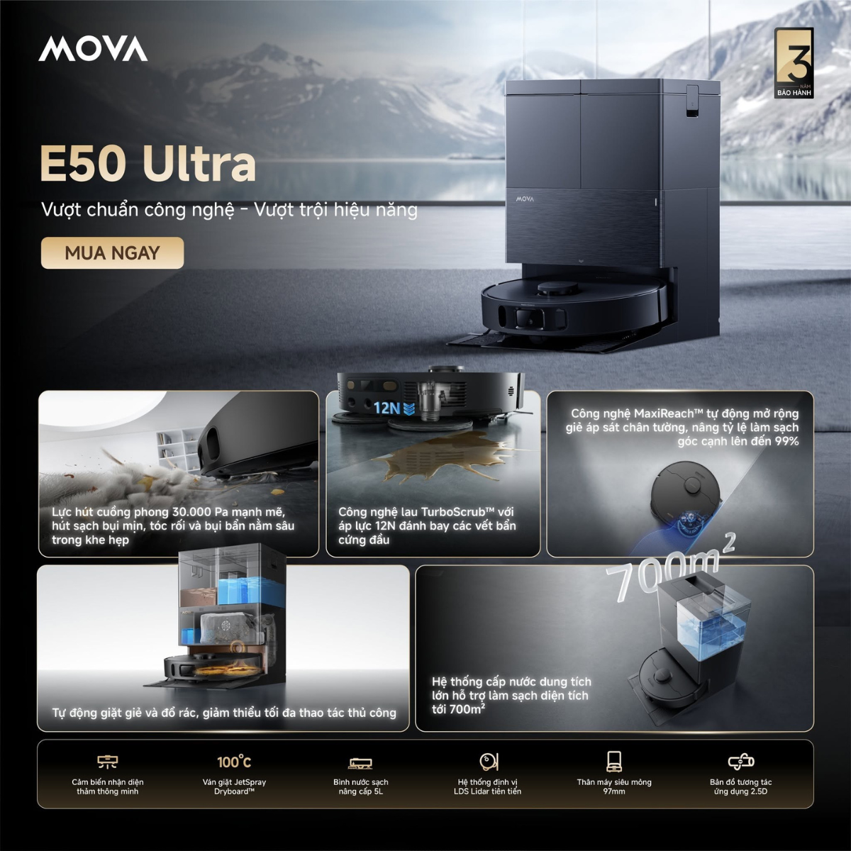 MOVA E50 Ultra - lực hút mạnh, chống rối tốt và bảo hành dài