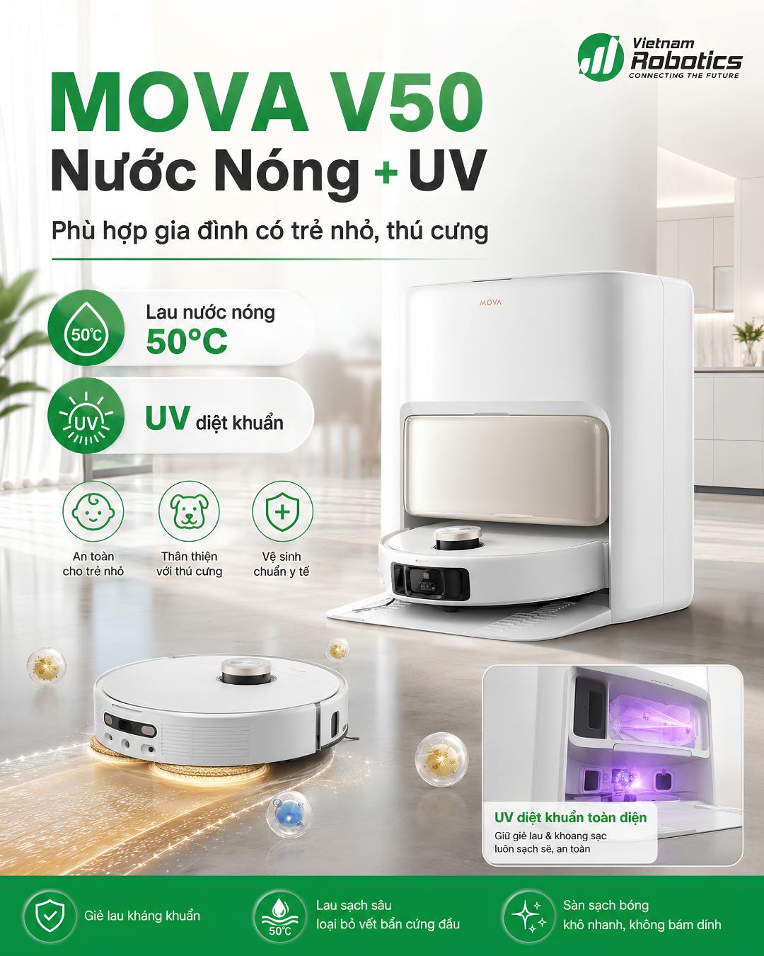 MOVA V50: lau nước nóng 50°C và UV diệt khuẩn