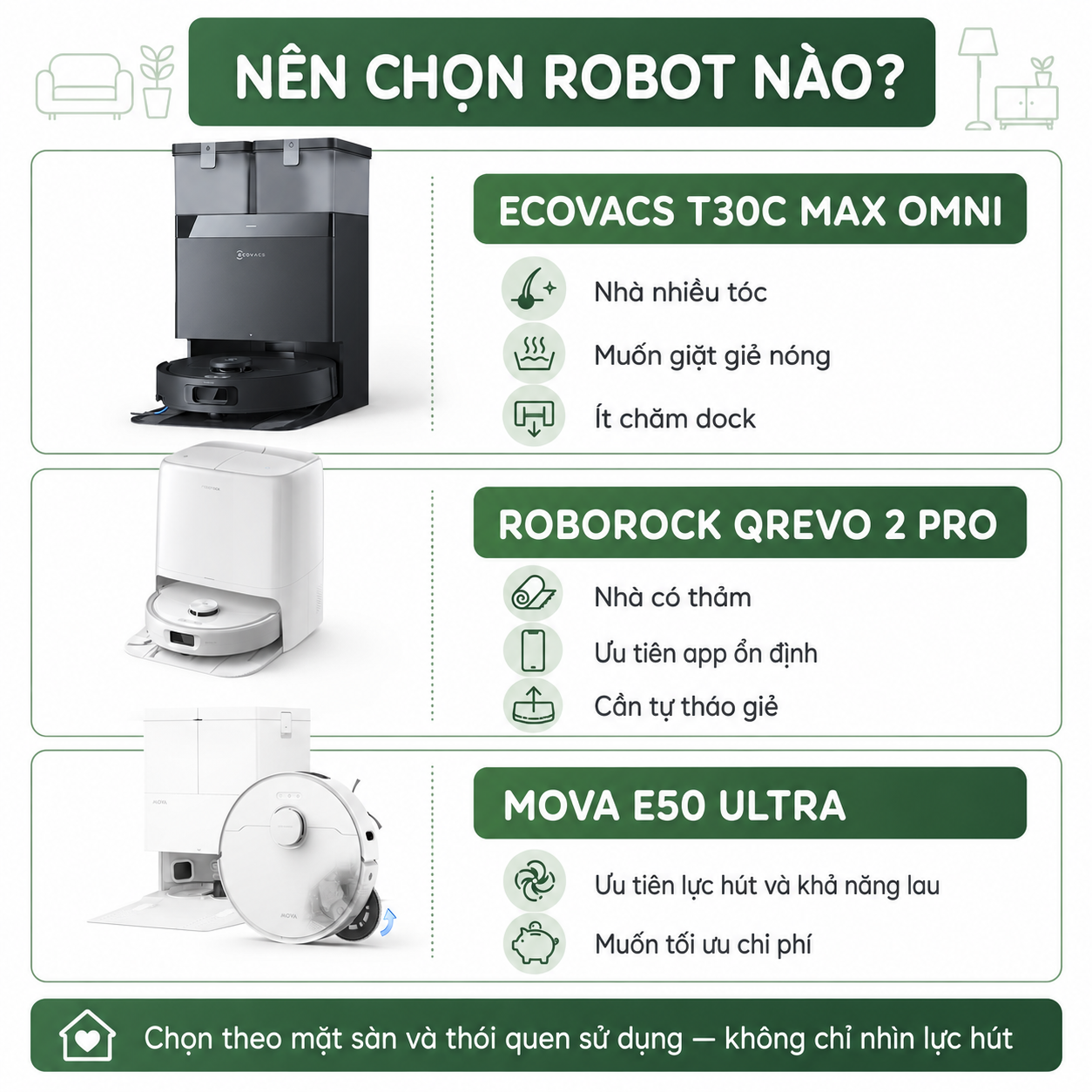 Nên chọn Ecovacs T30C Max Omni, Qrevo 2 Pro hay MOVA E50 Ultra?