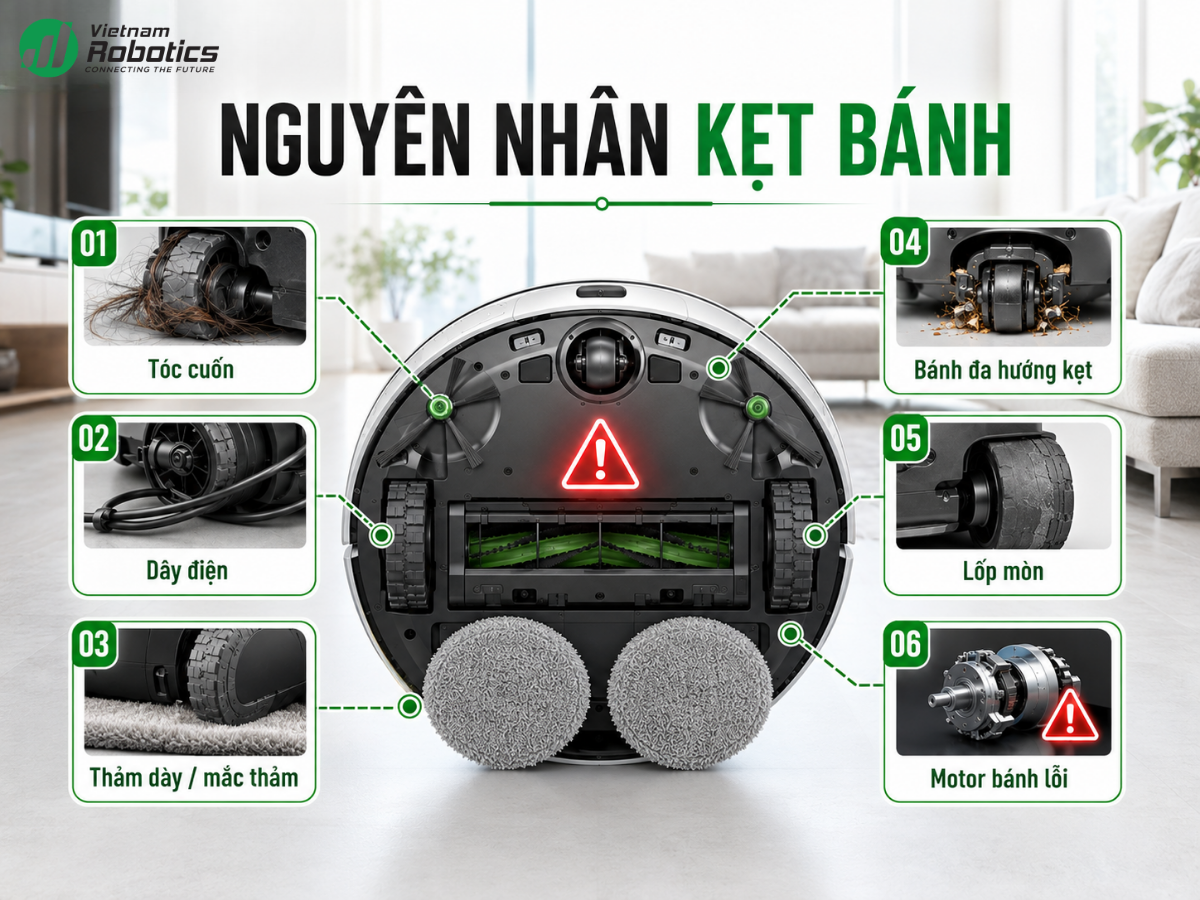 Tóm tắt nhanh: Vì sao robot hút bụi báo kẹt bánh xe?