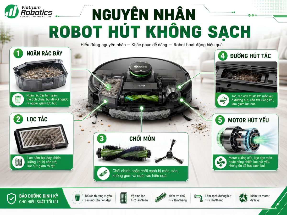 Nguyên nhân robot hút bụi hút không sạch và cách khắc phục