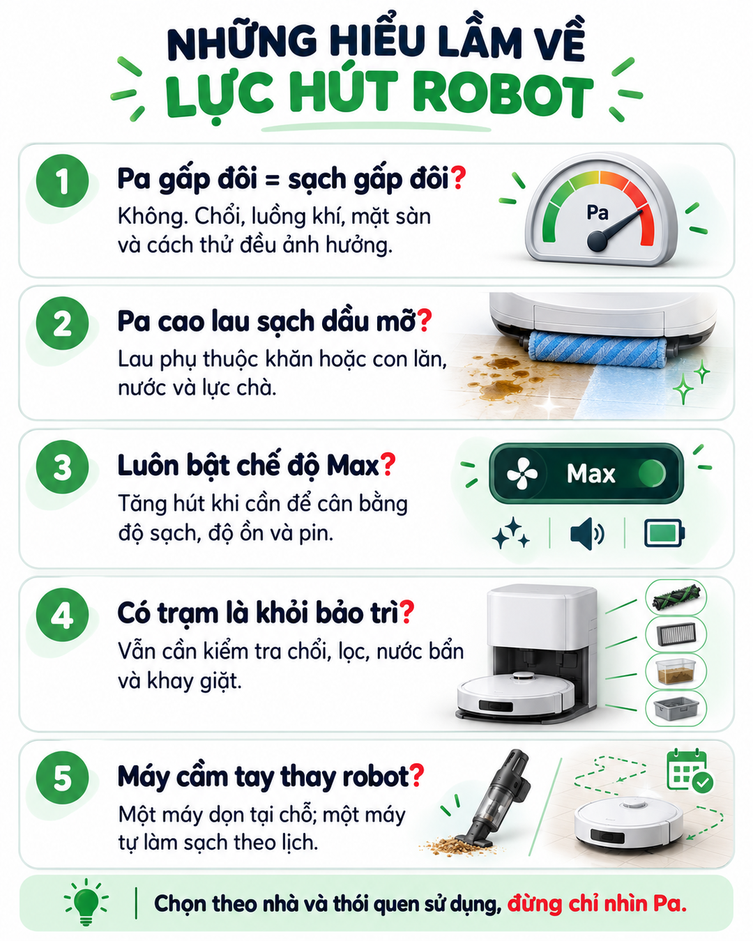 Những hiểu lầm phổ biến về lực hút robot hút bụi