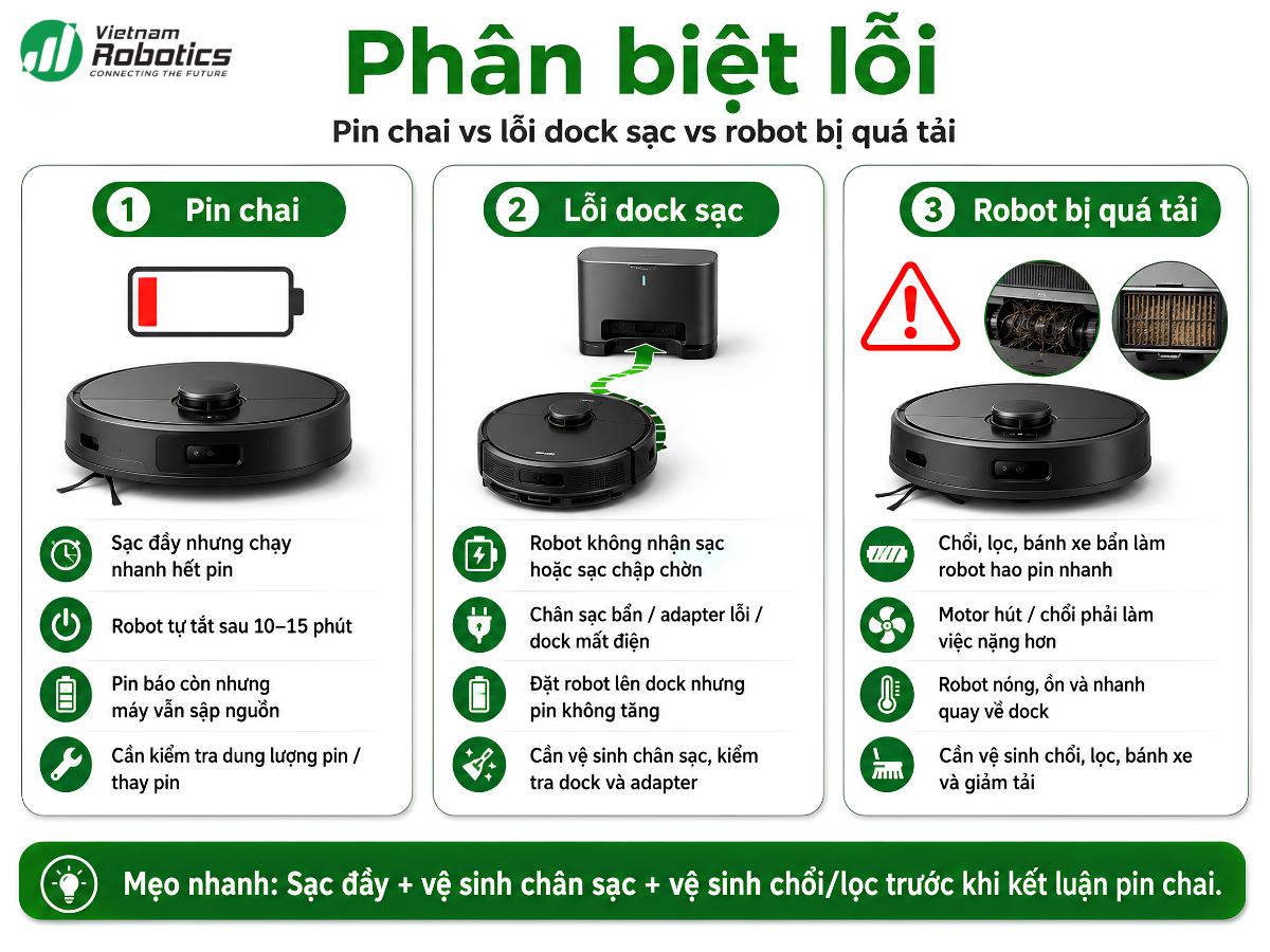 Phân biệt pin chai, lỗi dock sạc và lỗi motor quá tải