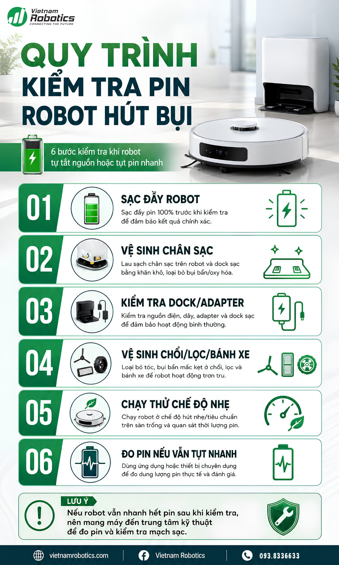 Quy trình kiểm tra nhanh khi robot hút bụi nhanh hết pin